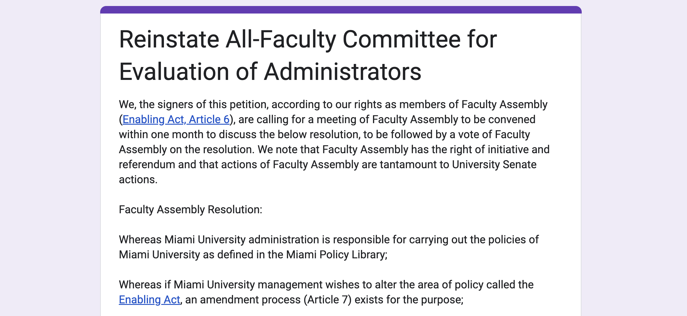 Image of online form titled "Petition to Reinstate All-Faculty Committee on Evaluation of Administrators"